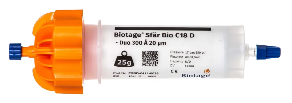 Biotage® Sfär Bio C18 Duo 是一款專為胜肽純化,所設計的快速層析逆相管柱。