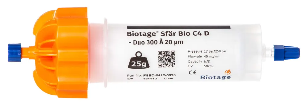 Biotage® Sfär Bio C4 Duo 是一款專為長鏈(>40個胺基酸)及疏水性胜肽,所設計的快速層析逆相純化管柱。
